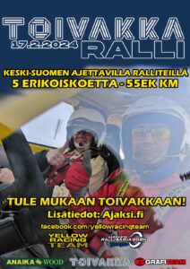 "Toivakkaralli 17.2.2024 Keski-suomen ajettavilla ralliteillä 5 erikoiskoetta - 55EK KM. Tule mukaan Toivakkaan! Lisätiedot: Ajaksi.fi Facebook.com/yellowracingteam" Logoja: Yellow Racing Team, Anaika Wood, Toivakan kunta ja GrafiTeam. 