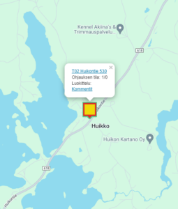 Karttakuva sijainnista: T02 Huikontie 530 Ohjauksen tila: 1/10 Luokittelu: Kommentit