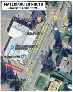 Karttakuva Toivakka-rallin materiaalinoudon parkkiohjeesta Perälän kiinteistöllä